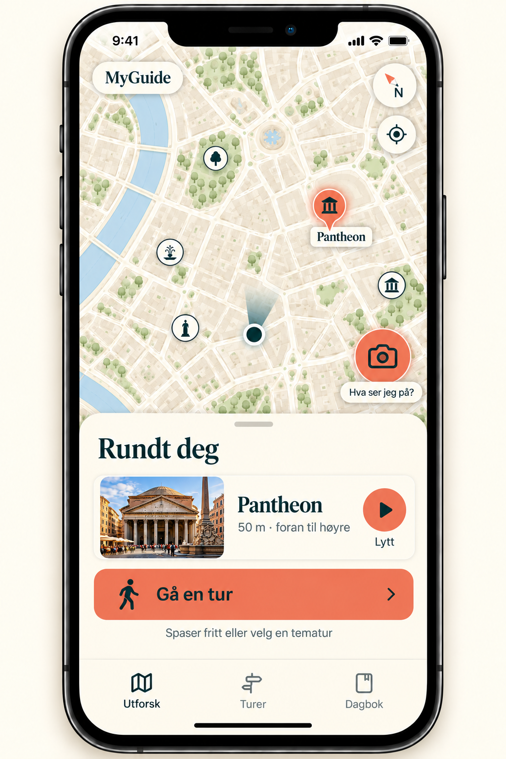 MyGuide design concept showing a map, a nearby place and a walking button on iPhone